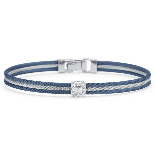 ALOR 1/20ctw Diamond Single Square Station Blueberry Cable, Grey Cable, and White Gold Classic Stackable Bracelet