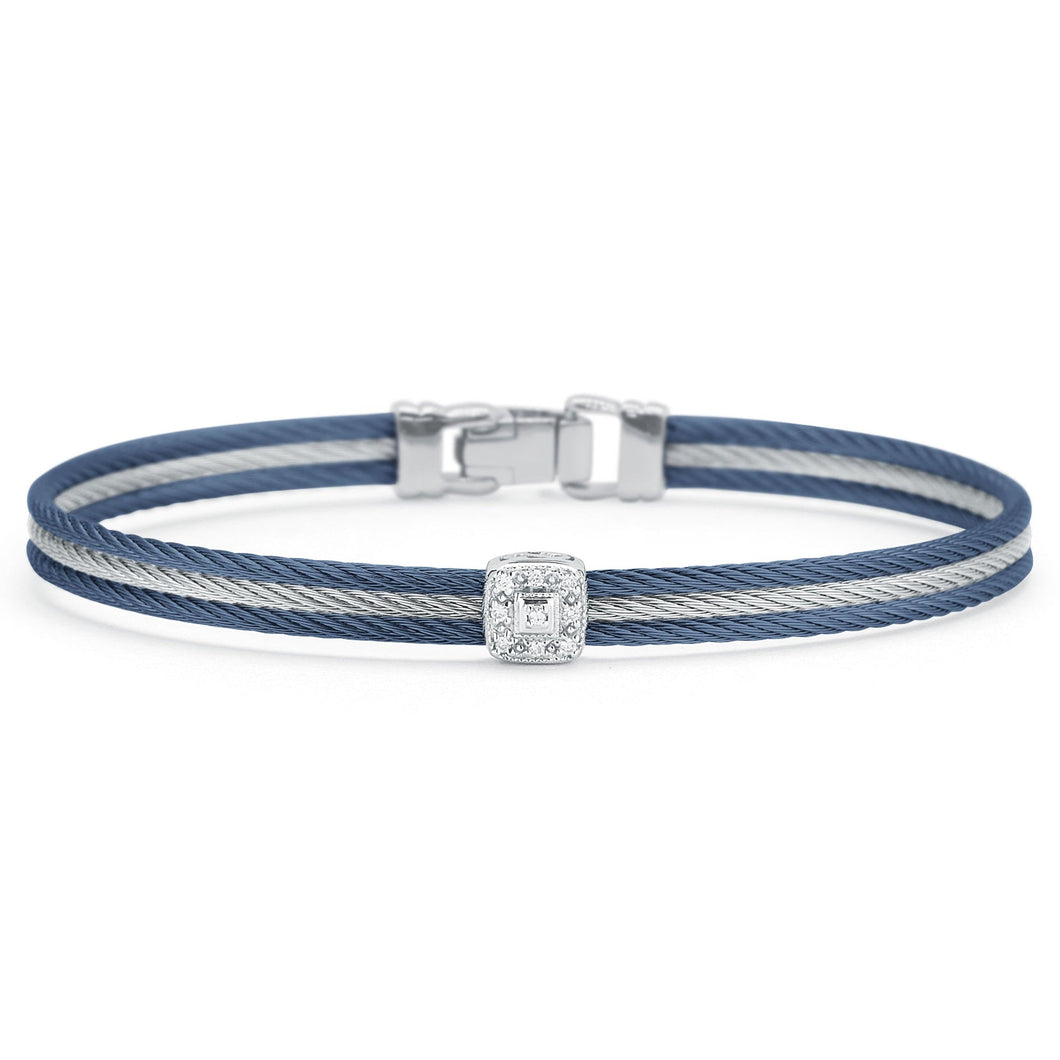 ALOR 1/20ctw Diamond Single Square Station Blueberry Cable, Grey Cable, and White Gold Classic Stackable Bracelet
