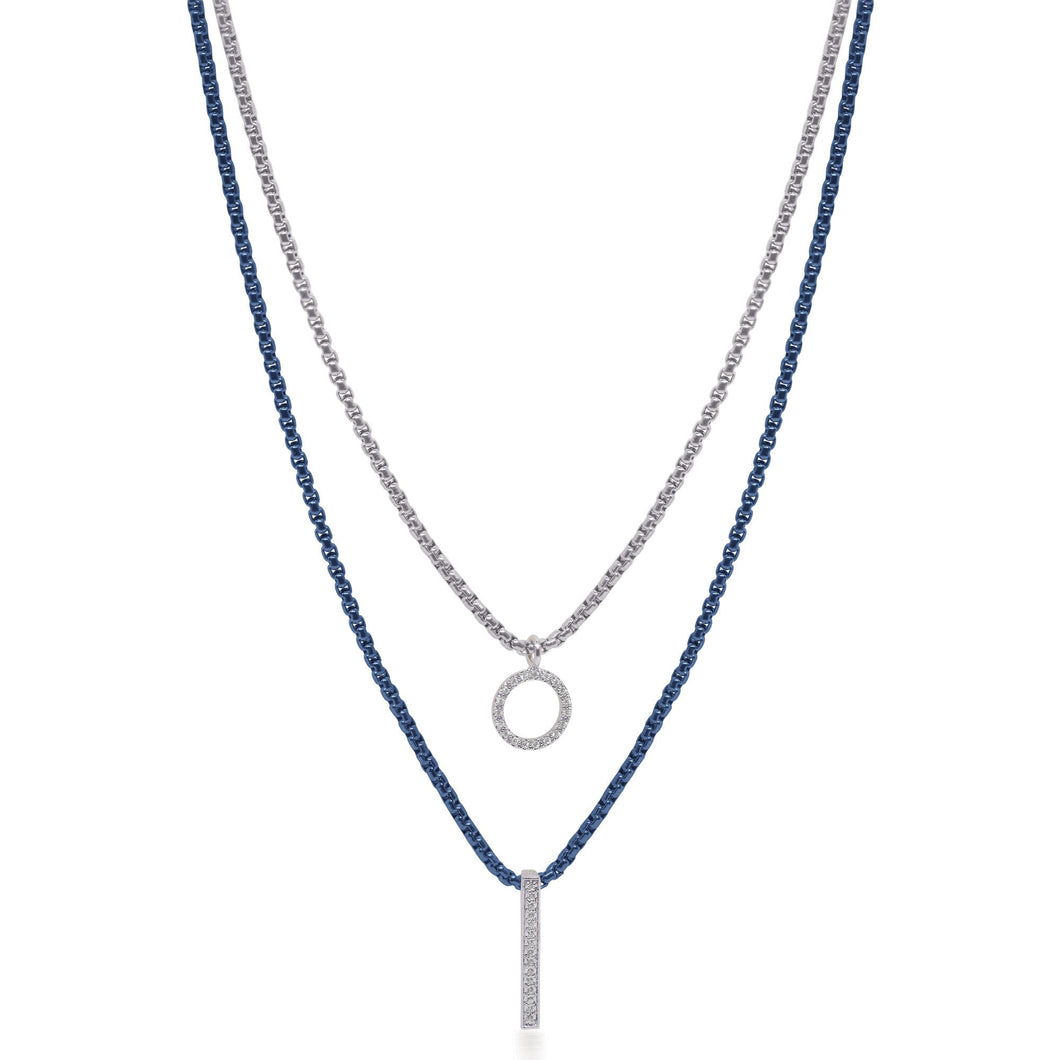 ALOR 1/5ctw Diamond Blueberry and Grey Stainless Steel Chain and White Gold Double Layered Necklace