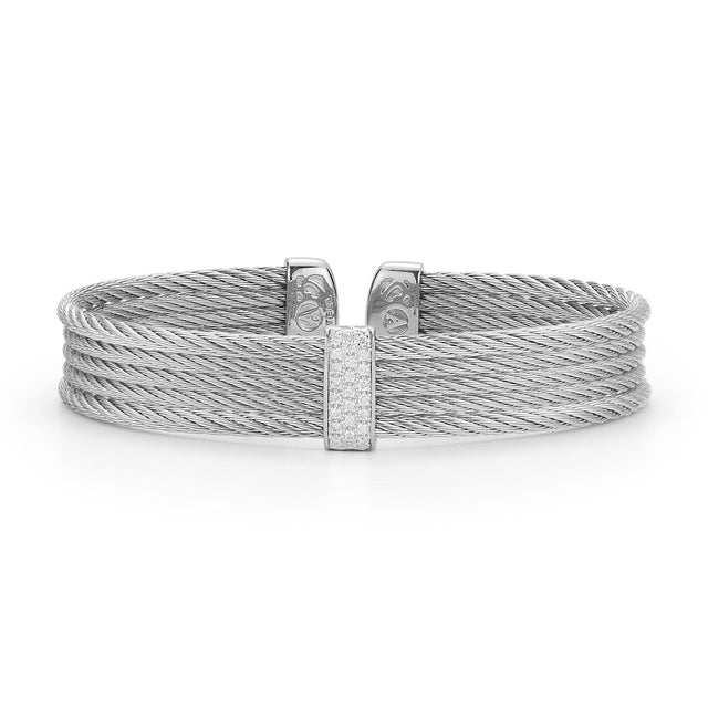 ALOR 1/5ctw Diamond Grey Cable Stainless Steel and White Gold Mini Cuff Bracelet
