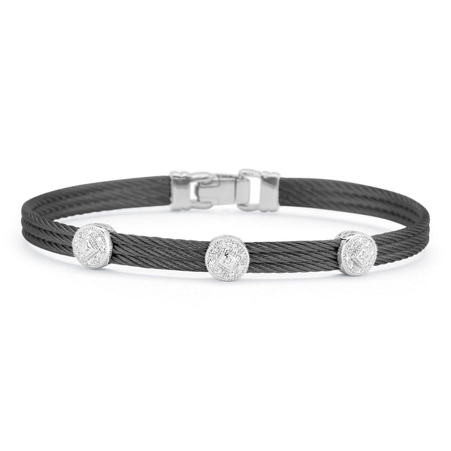 ALOR 1/8ctw Diamond Triple Round Station Black Cable and White Gold Classic Stackable Bracelet