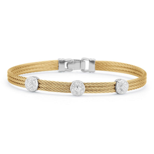 ALOR 1/8ctw Diamond Triple Round Station Yellow Cable and White Gold Classic Stackable Bracelet