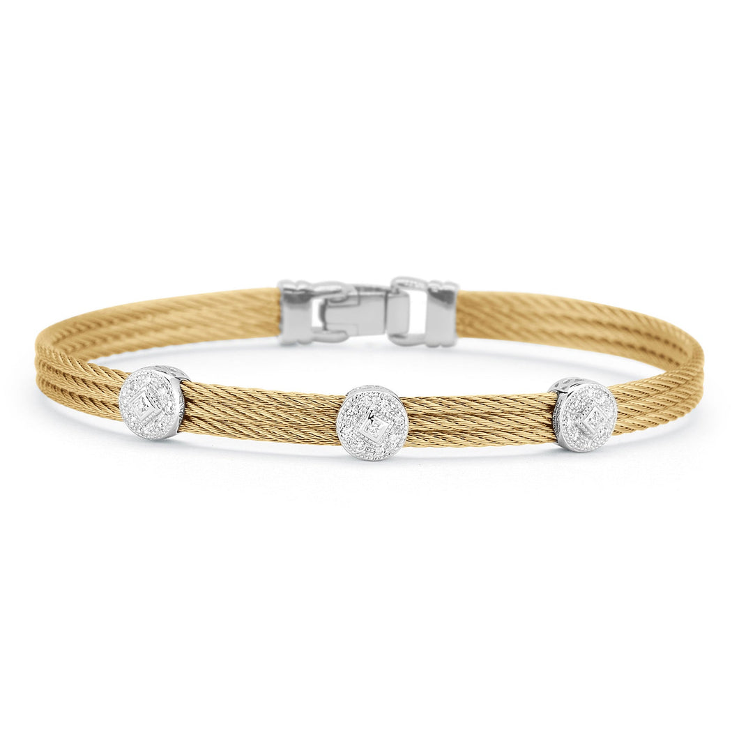 ALOR 1/8ctw Diamond Triple Round Station Yellow Cable and White Gold Classic Stackable Bracelet