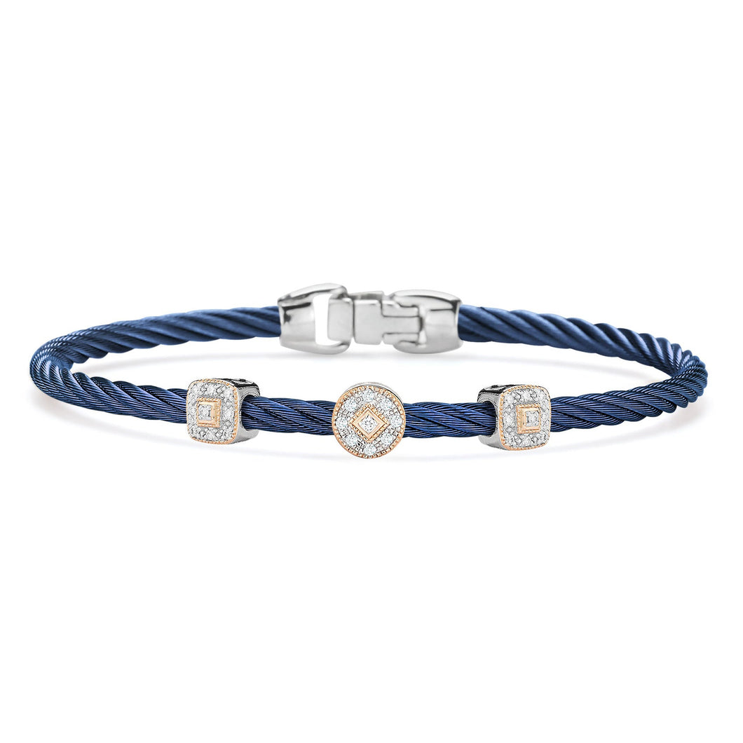ALOR 1/8ctw Diamond Triple Station Blueberry Cable, White Gold, and Rose Gold Essential Stackable Bracelet