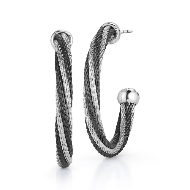 ALOR Black and Grey Stainless Steel and White Gold Twisted Cable Hoop Earrings