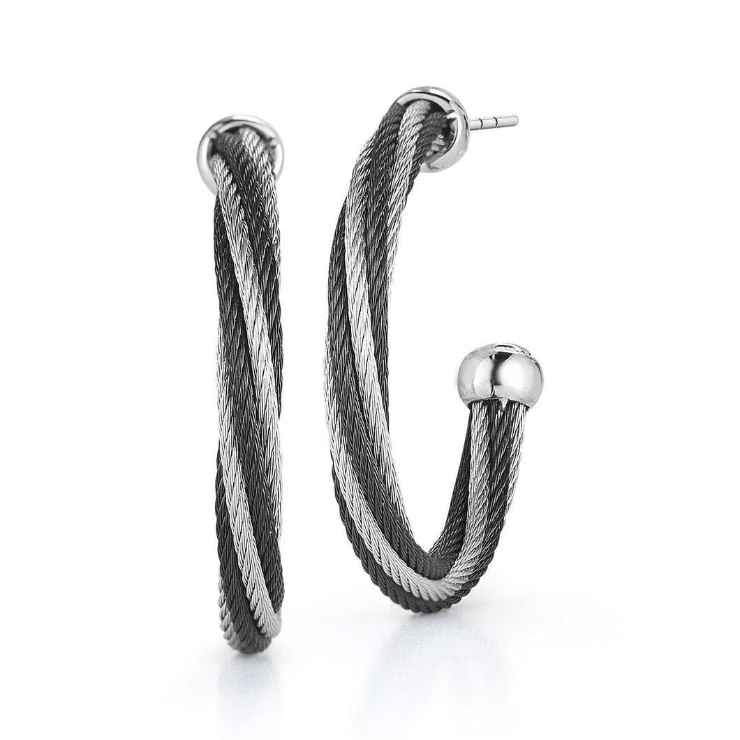 ALOR Black and Grey Stainless Steel and White Gold Twisted Cable Hoop Earrings