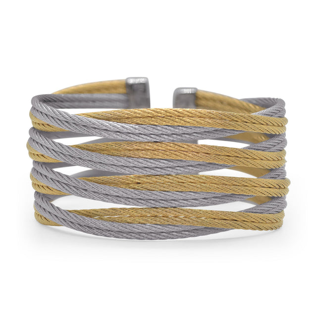 ALOR Grey and Yellow Cable Stainless Steel Oversized Entwine Cuff Bracelet