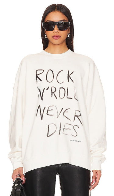 ANINE BING Miles Sweatshirt Rock N Roll in White - ANINE BING Miles Sweat Rock N Roll en Blanc - ANINE BING Miles 摇滚运动衫白色 - ANINE BING Miles Sweatshirt Rock N Roll in Weiß - ANINE BING Miles 스웨트셔츠 락앤롤 화이트 색상 - Felpa ANINE BING Miles Rock N Roll in bianco