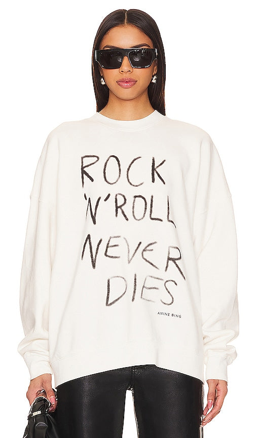 ANINE BING Miles Sweatshirt Rock N Roll in White - ANINE BING Miles Sweat Rock N Roll en Blanc - ANINE BING Miles 摇滚运动衫白色 - ANINE BING Miles Sweatshirt Rock N Roll in Weiß - ANINE BING Miles 스웨트셔츠 락앤롤 화이트 색상 - Felpa ANINE BING Miles Rock N Roll in bianco