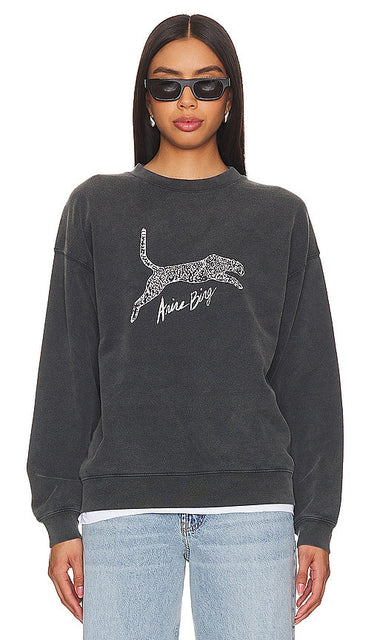ANINE BING Spencer Sweatshirt Spotted Leopard in Black - ANINE BING Spencer Sweat-shirt léopard tacheté en noir - ANINE BING Spencer 黑色斑点豹纹运动衫 - ANINE BING Spencer Sweatshirt mit gepunktetem Leopardenmuster in Schwarz - ANINE BING 스펜서 스웨트셔츠 블랙 색상 - ANINE BING Felpa Spencer Leopardo Maculato in Nero