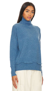 Autumn Cashmere Frayed Hem Mock Neck in Blue