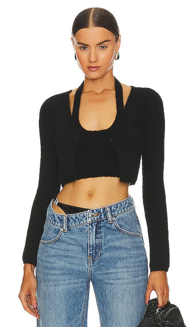 Alexander Wang Twinset Long Sleeve Halter Cardigan in Black - Alexander Wang Twinset - Cardigan dos nu à manches longues en noir - Alexander Wang 黑色两件套长袖挂脖开衫 - Alexander Wang Twinset Langarm-Neckholder-Cardigan in Schwarz - Alexander Wang 트윈셋 블랙 컬러의 긴소매 홀터 카디건 - Cardigan a maniche lunghe Alexander Wang Twinset in nero