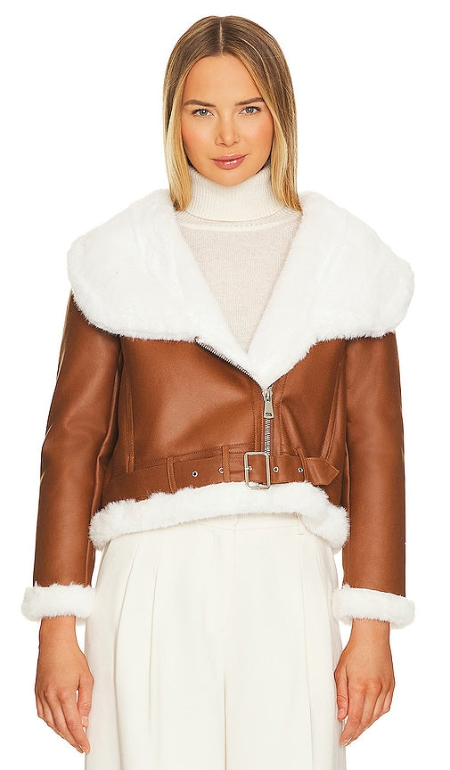 Adrienne Landau Faux Mink Fur Bonded Jacket in Tan