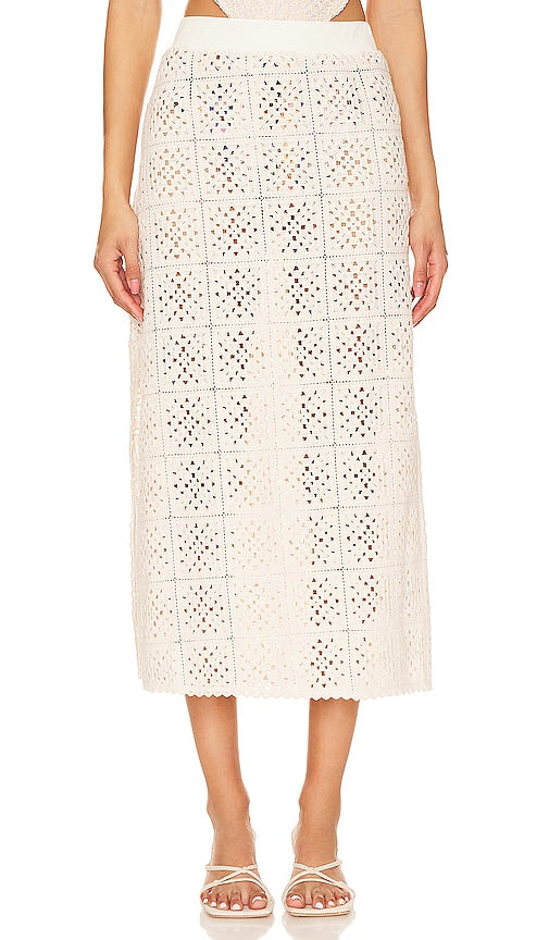 Agua Bendita X Revolve Mira Gres Crochet Midi Skirt in Beige
