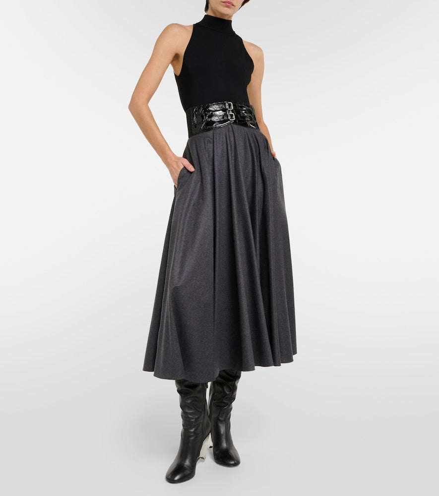 Alaia Belted high-rise virgin wool midi skirt