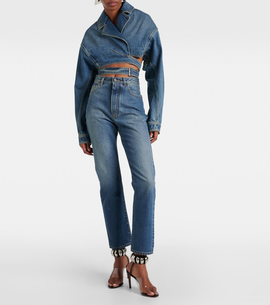Alaia Cropped denim wrap jacket