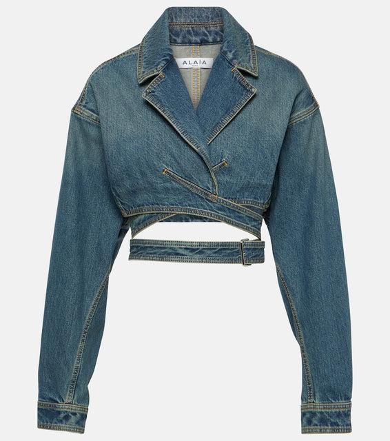 Alaia Cropped denim wrap jacket
