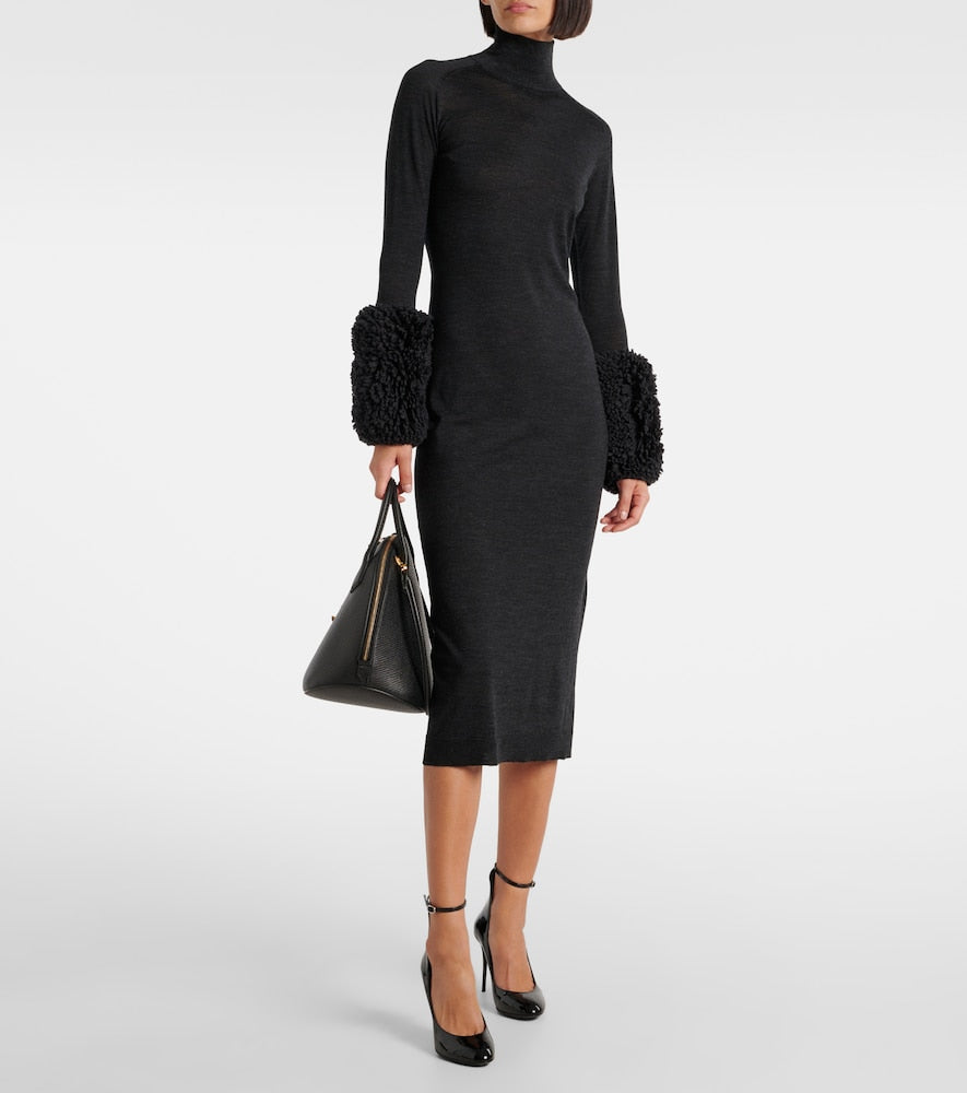 Alaia Faux shearling-trimmed virgin wool midi dress