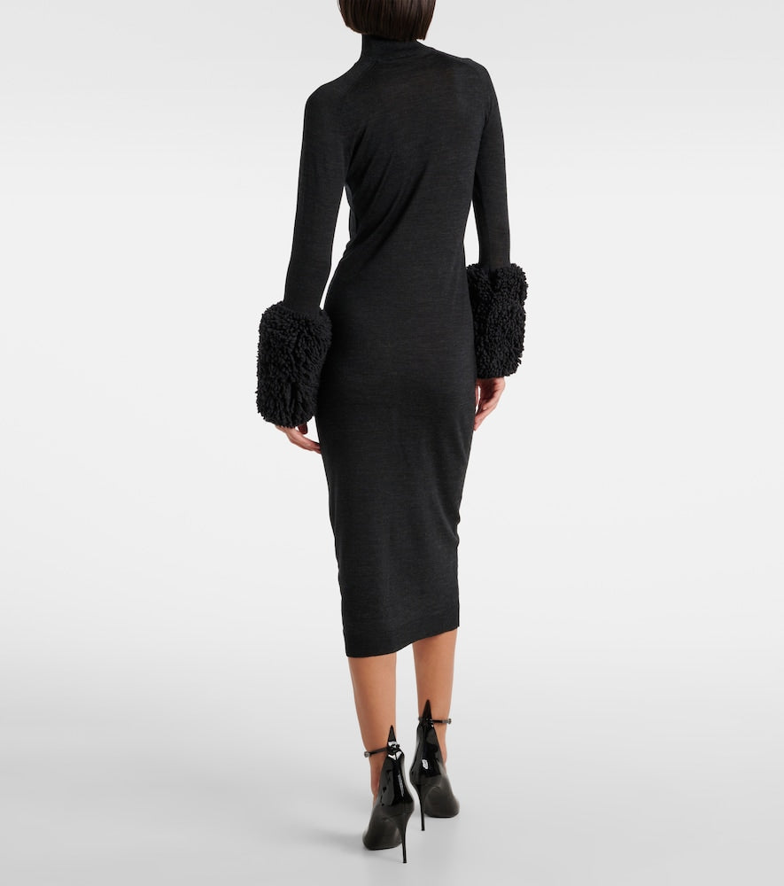 Alaia Faux shearling-trimmed virgin wool midi dress