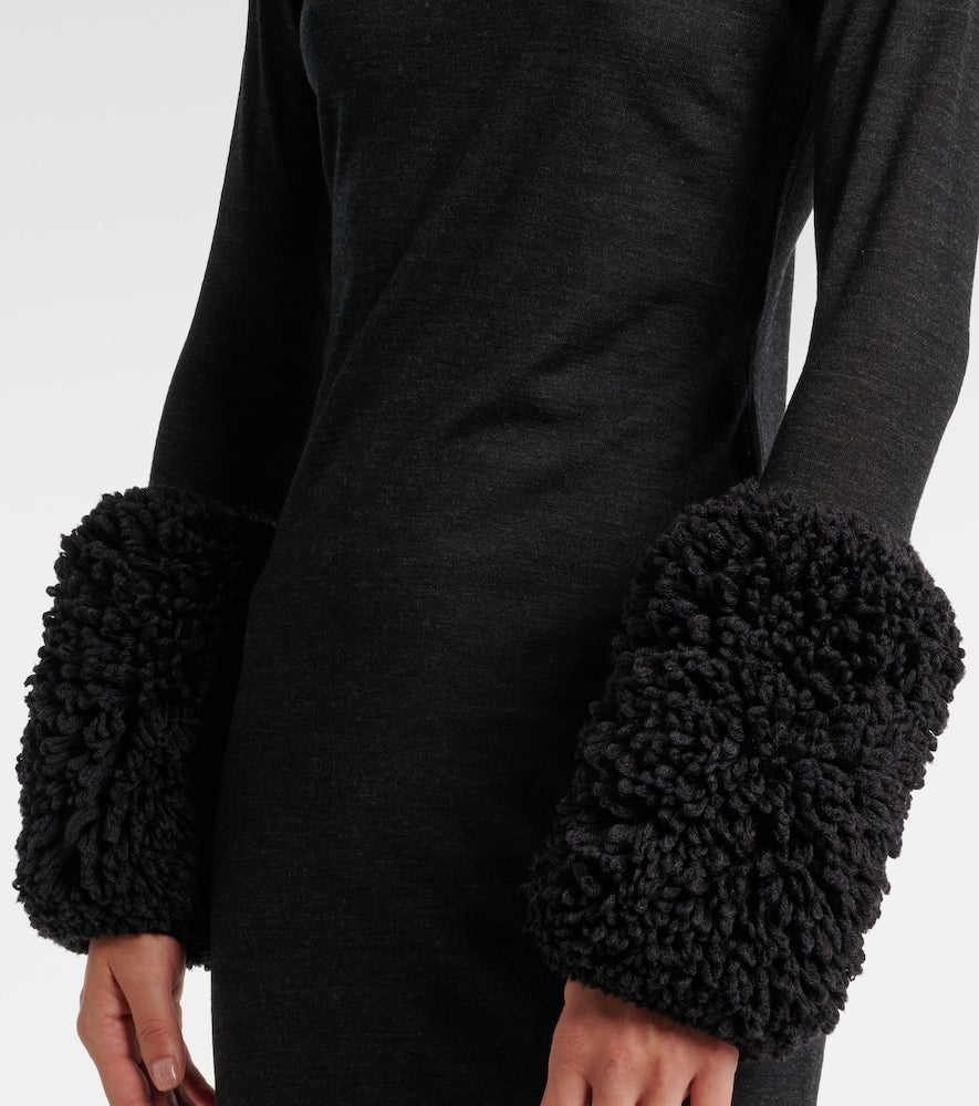 Alaia Faux shearling-trimmed virgin wool midi dress
