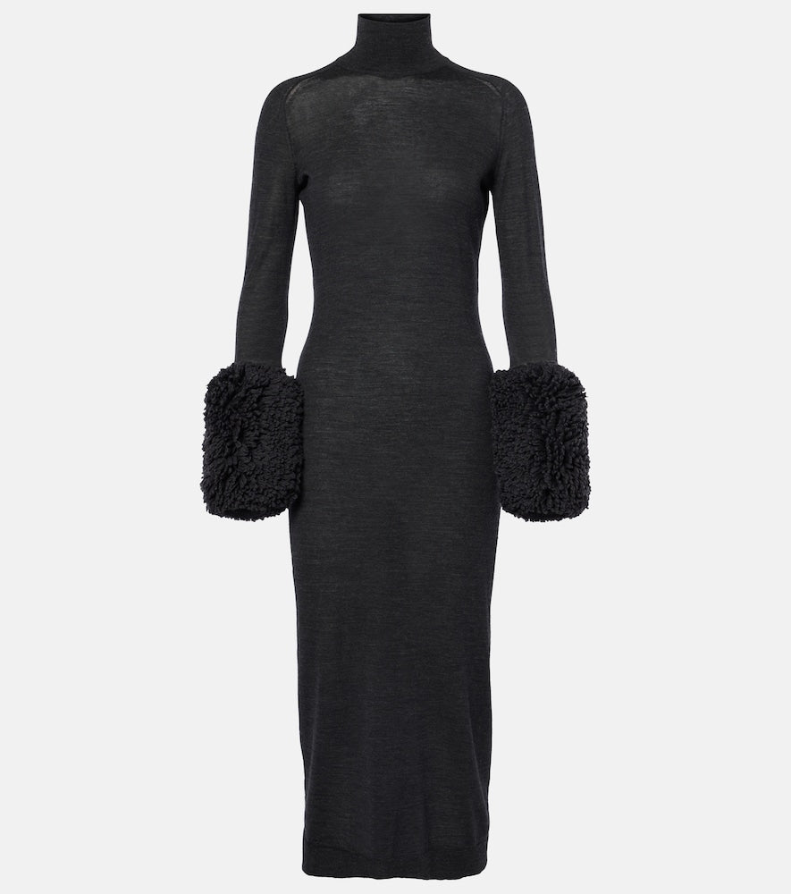Alaia Faux shearling-trimmed virgin wool midi dress. Alaia 仿羊羔绒饰边初剪羊毛中长连衣裙