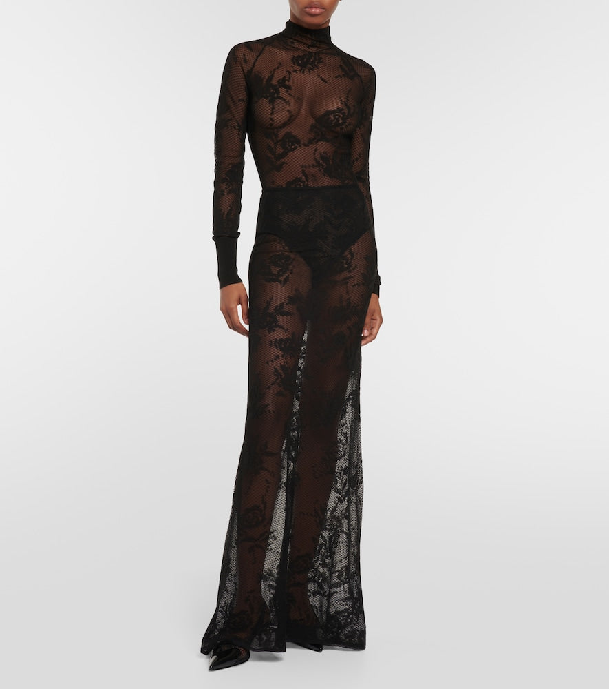 Alaia Floral mesh maxi skirt