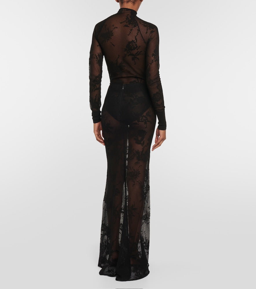Alaia Floral mesh maxi skirt