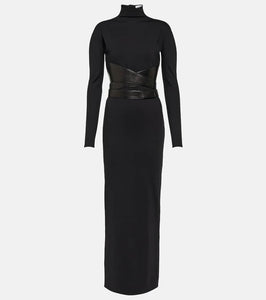 Alaia Leather-trimmed jersey maxi dress