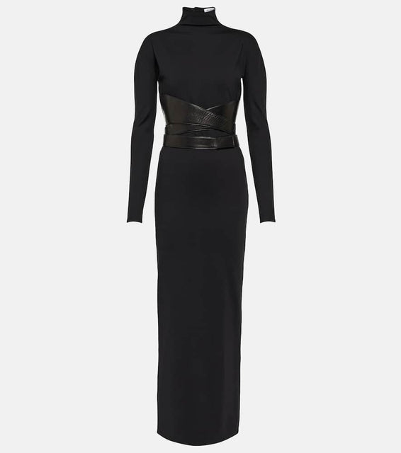 Alaia Leather-trimmed jersey maxi dress