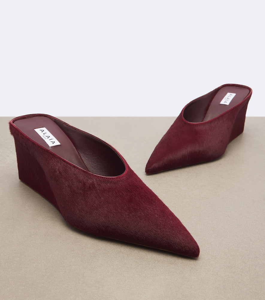 Alaia Cube calf hair wedge mules in Burgundy - Mid Heel Pumps