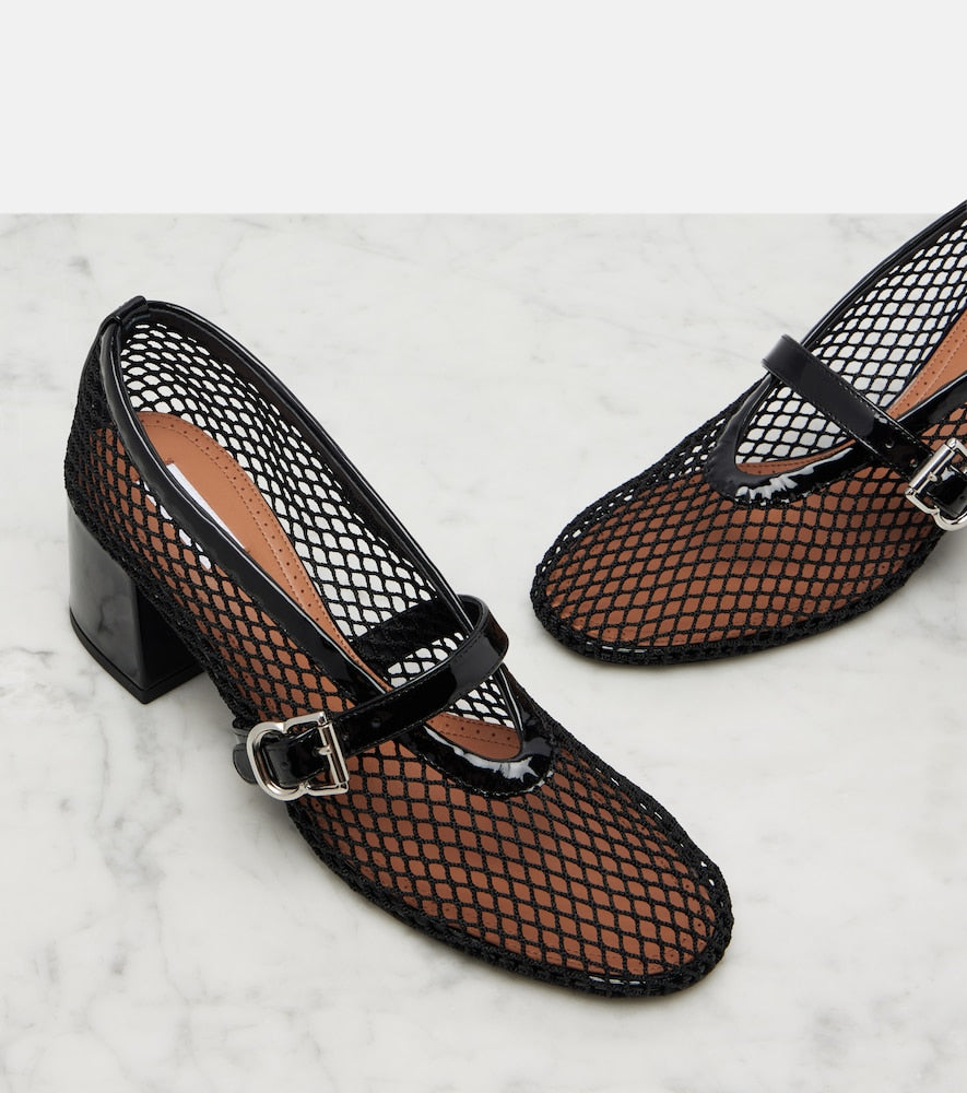 Black Alaia Fishnet leather-trimmed Mary Jane pumps - Mid Heel Pumps