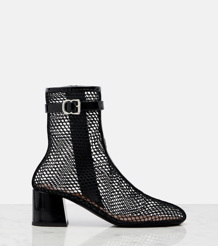 Black Alaia Fishnet patent leather-trimmed ankle boots - Mid Heel Boots