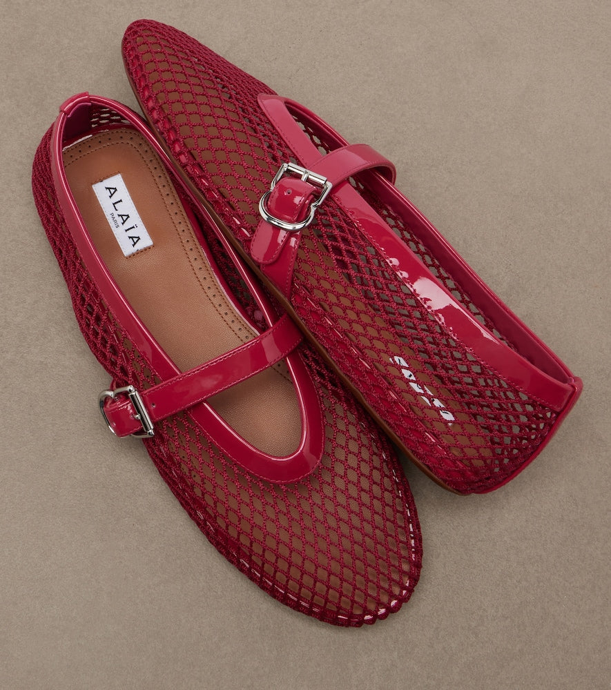 Red Alaia Leather-trimmed fishnet Mary Jane flats - Ballerina Flats