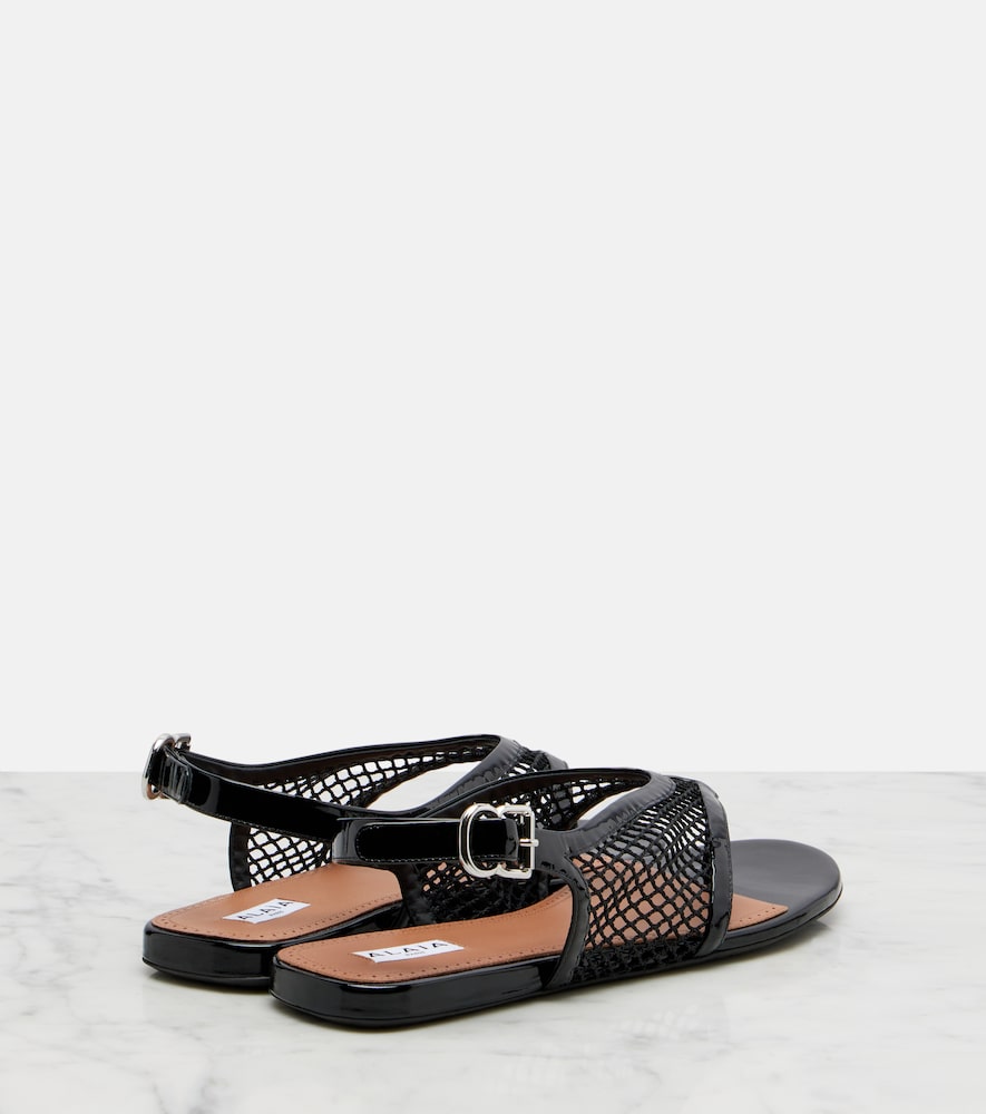 Black Alaia Leather-trimmed fishnet thong sandals - Flat Sandals