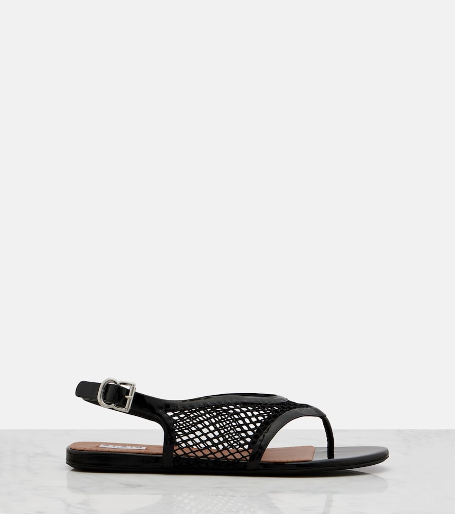 Black Alaia Leather-trimmed fishnet thong sandals - Flat Sandals
