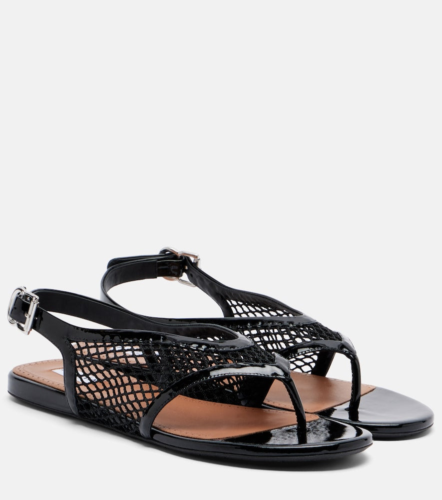 Black Alaia Leather-trimmed fishnet thong sandals - Flat Sandals