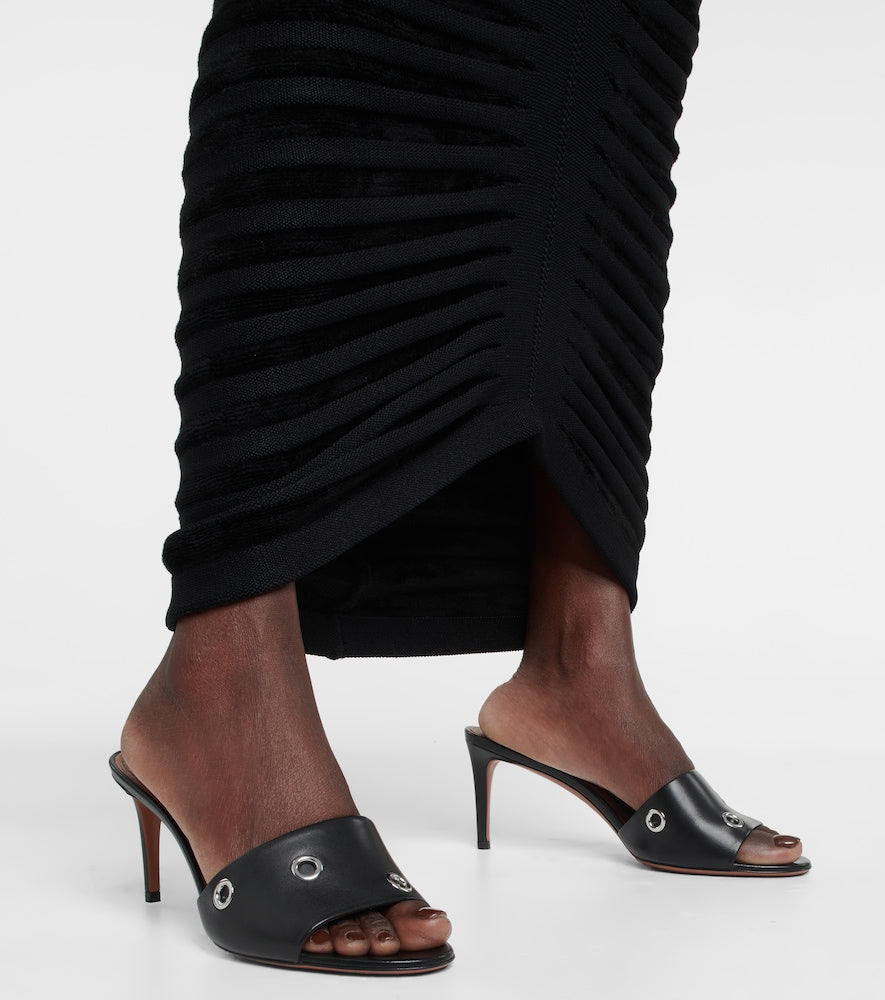 Alaia Oeillets embellished leather sandals (Black) - Mid Heel Sandals