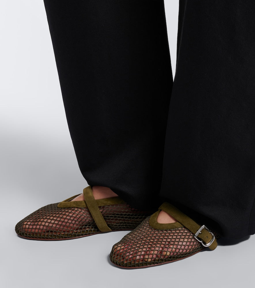 Green Alaia Suede-trimmed fishnet ballet flats - Ballerina Flats