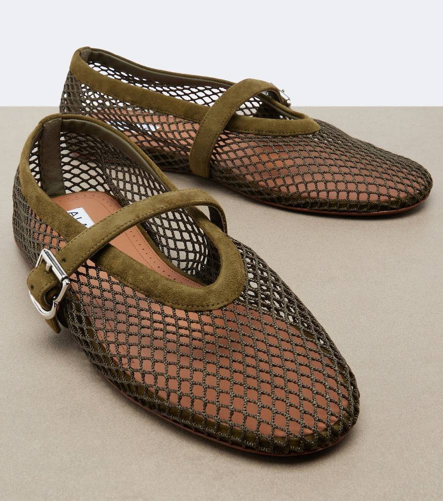 Green Alaia Suede-trimmed fishnet ballet flats - Ballerina Flats