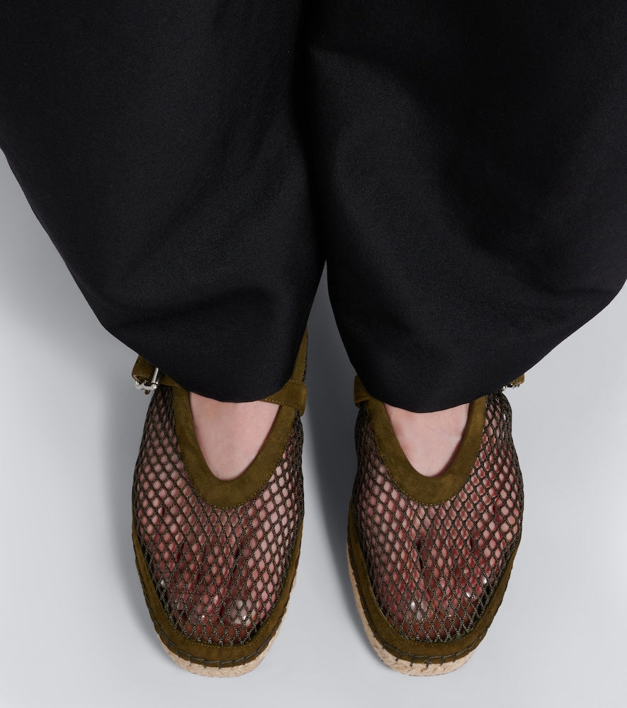 Alaia Suede-trimmed fishnet espadrilles (Green) - Flat Espadrilles