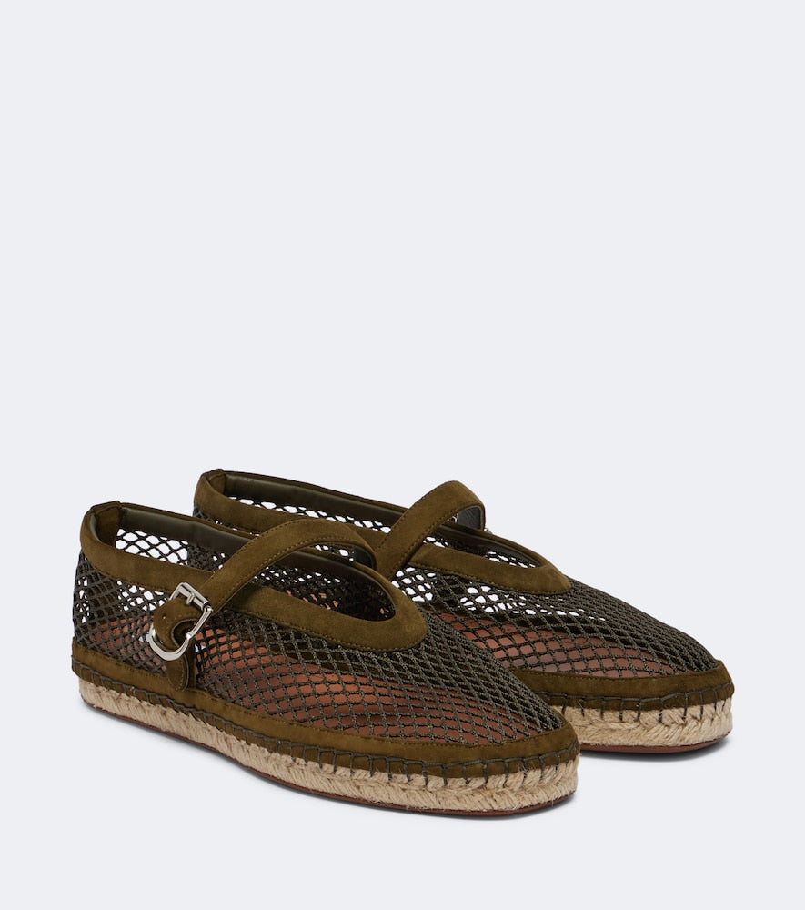 Alaia Suede-trimmed fishnet espadrilles (Green) - Flat Espadrilles