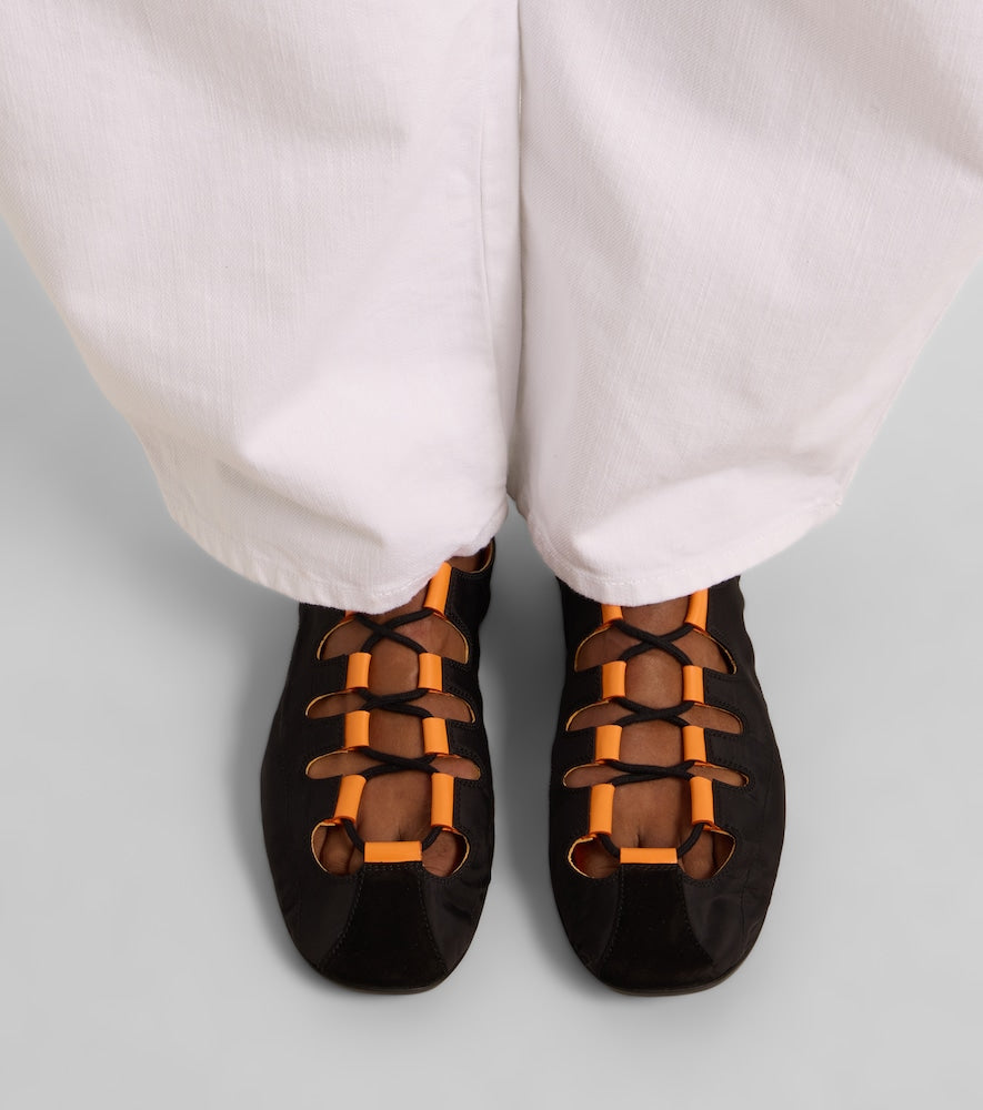 Alaia Suede-trimmed lace-up ballet flats - Black Ballerina Flats