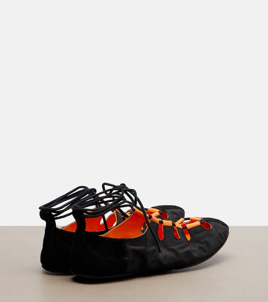 Alaia Suede-trimmed lace-up ballet flats - Black Ballerina Flats