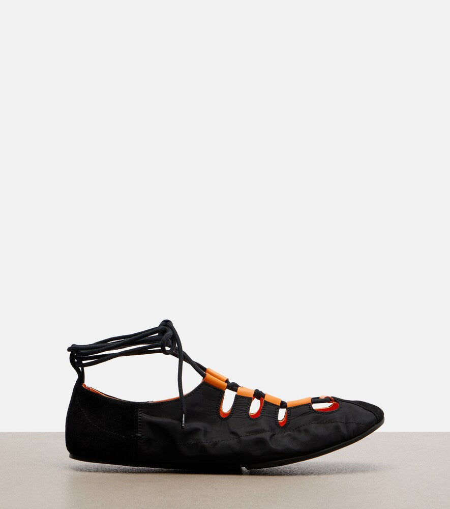 Alaia Suede-trimmed lace-up ballet flats - Black Ballerina Flats