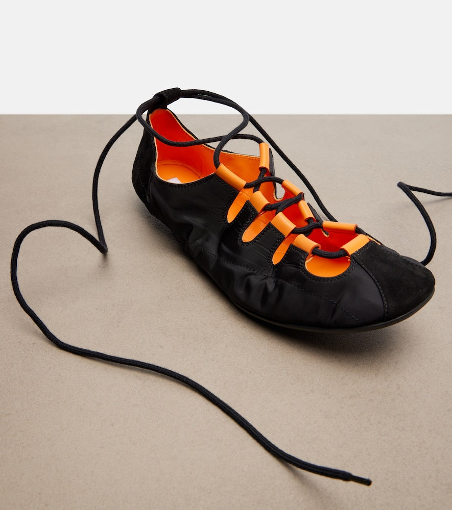 Alaia Suede-trimmed lace-up ballet flats - Black Ballerina Flats