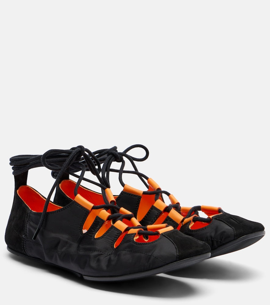 Alaia Suede-trimmed lace-up ballet flats - Black Ballerina Flats