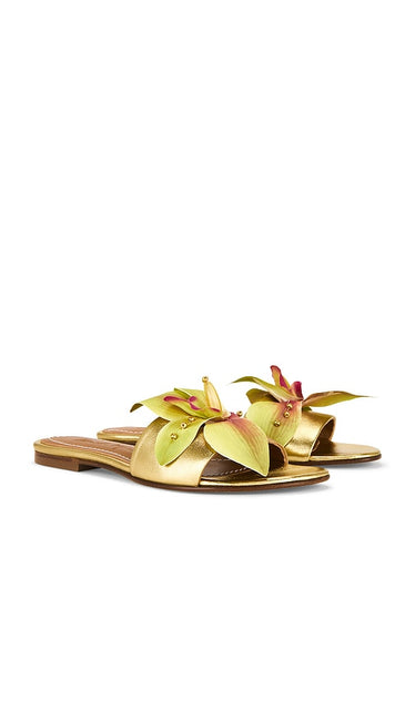 Alameda Turquesa Martha Sandal in Metallic Gold, yellow | Gold Flat Slides for Women