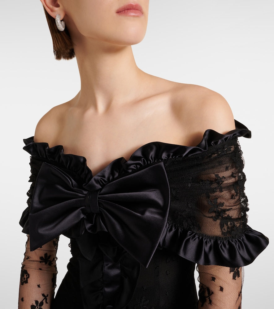 Alessandra Rich Bow-detail ruffled off-shoulder lace gown
