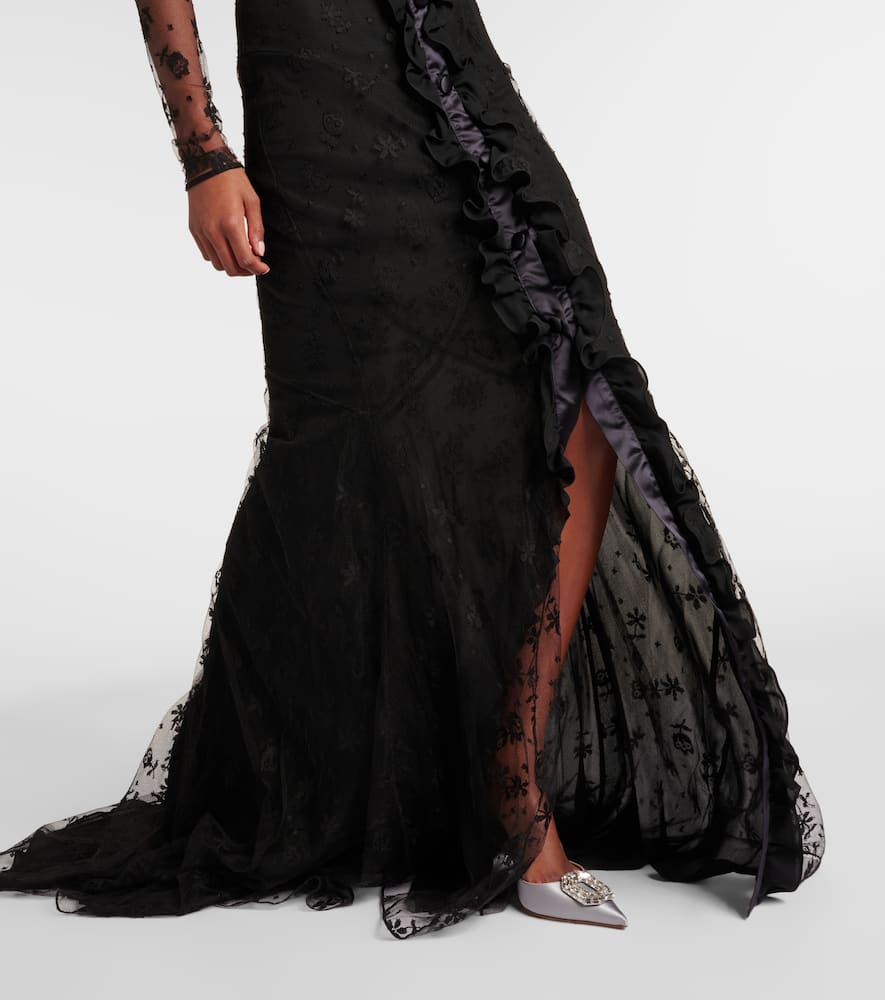 Alessandra Rich Bow-detail ruffled off-shoulder lace gown