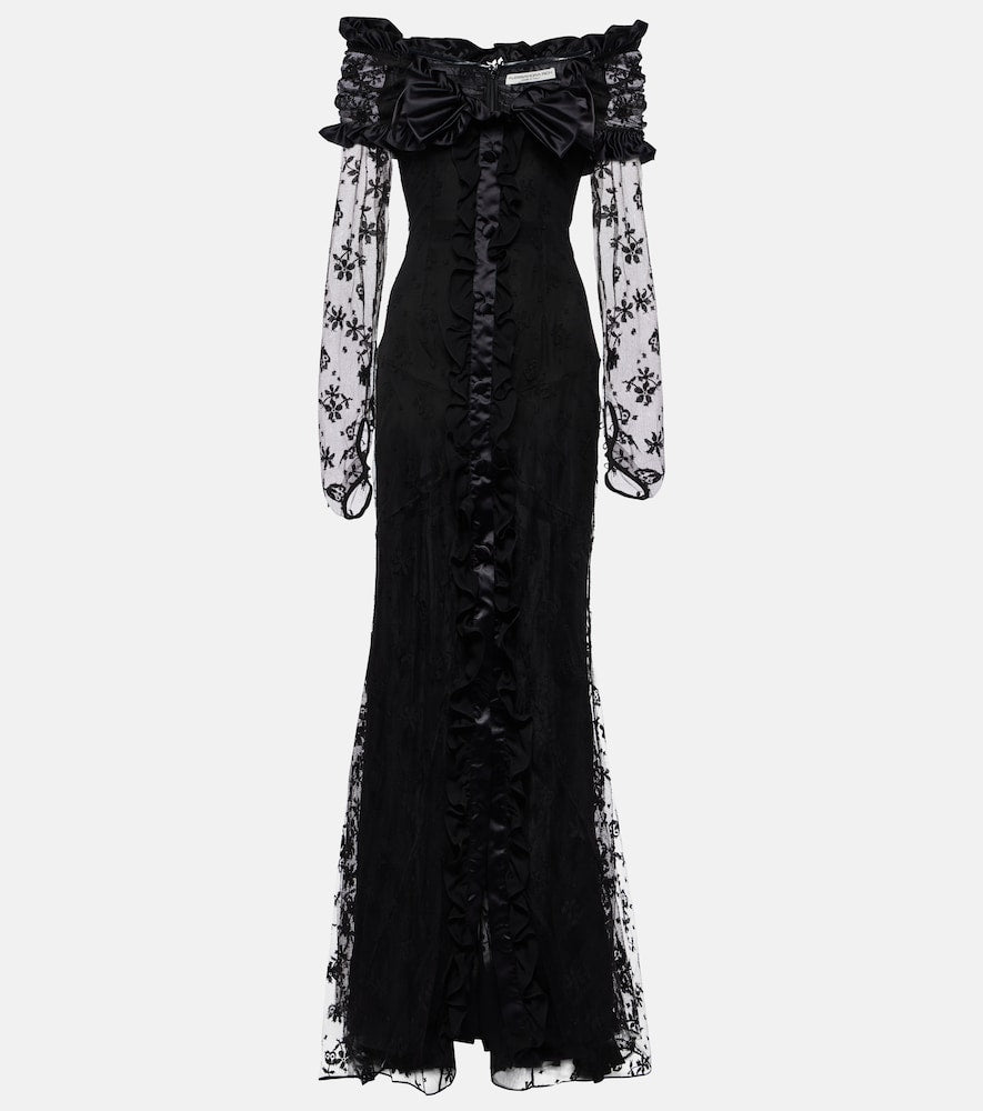 Alessandra Rich Bow-detail ruffled off-shoulder lace gown. Alessandra Rich 蝴蝶结装饰荷叶边露肩蕾丝礼服